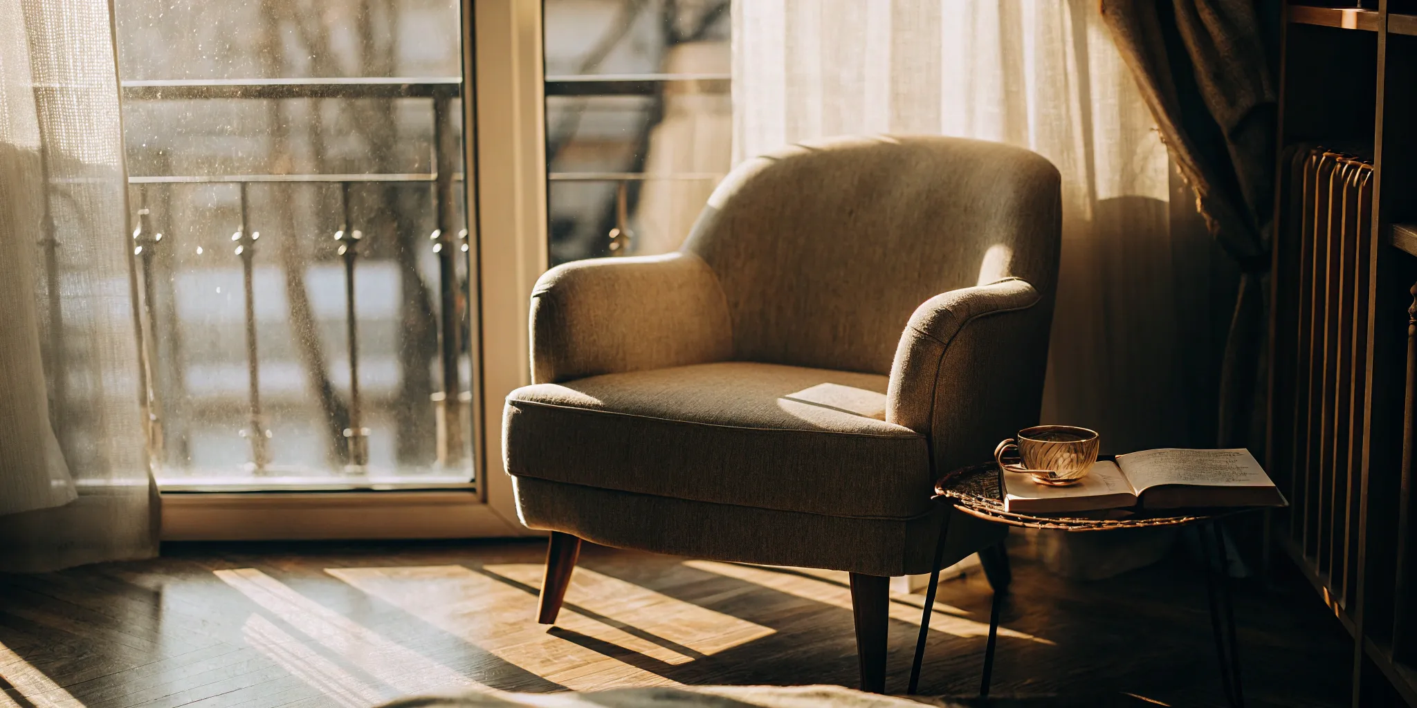 Armchair, tea, and book by sunny window. Hope for resistant depression treatment.