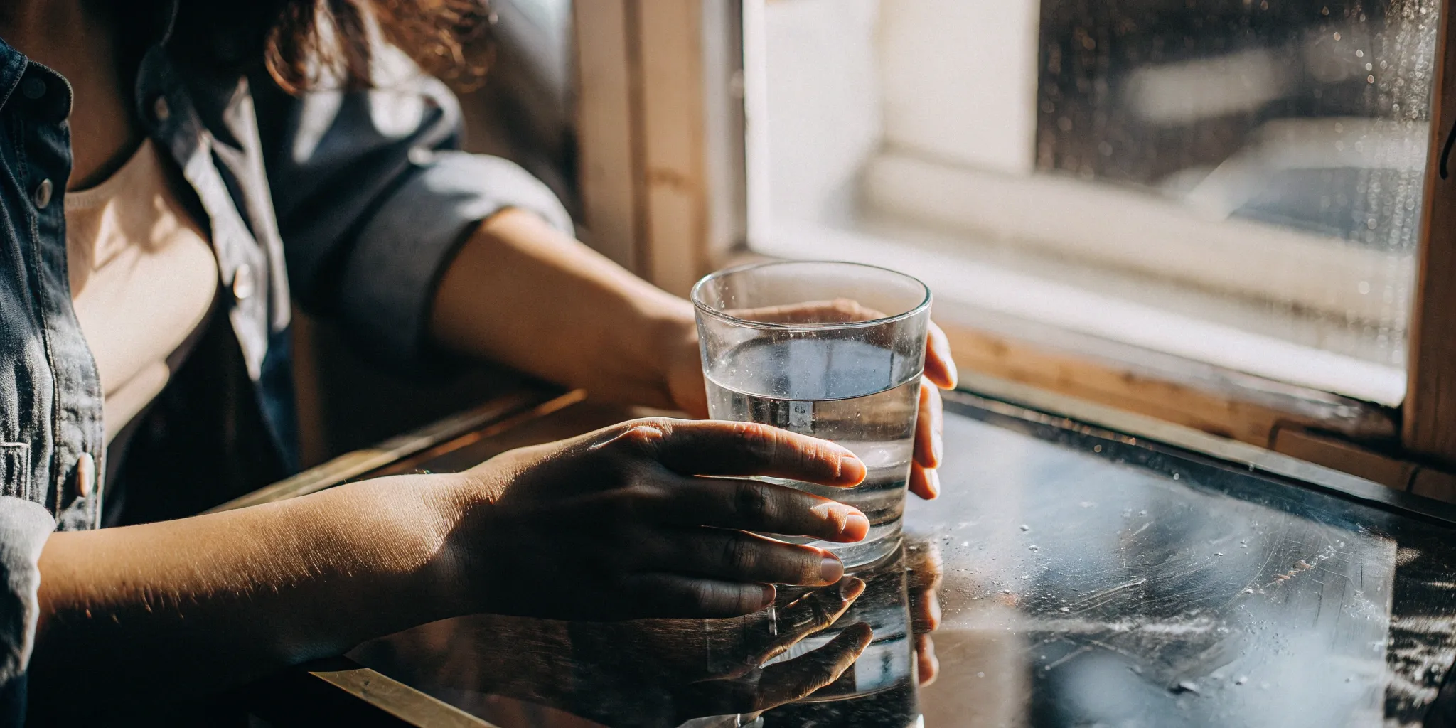 Tense hands gripping a glass of water, a weird physical symptom of anxiety.