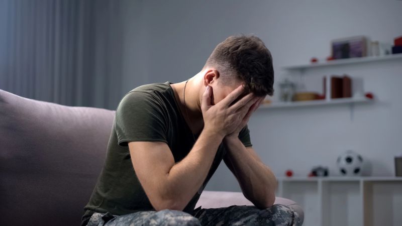 Upset soldier remembering terrifying war