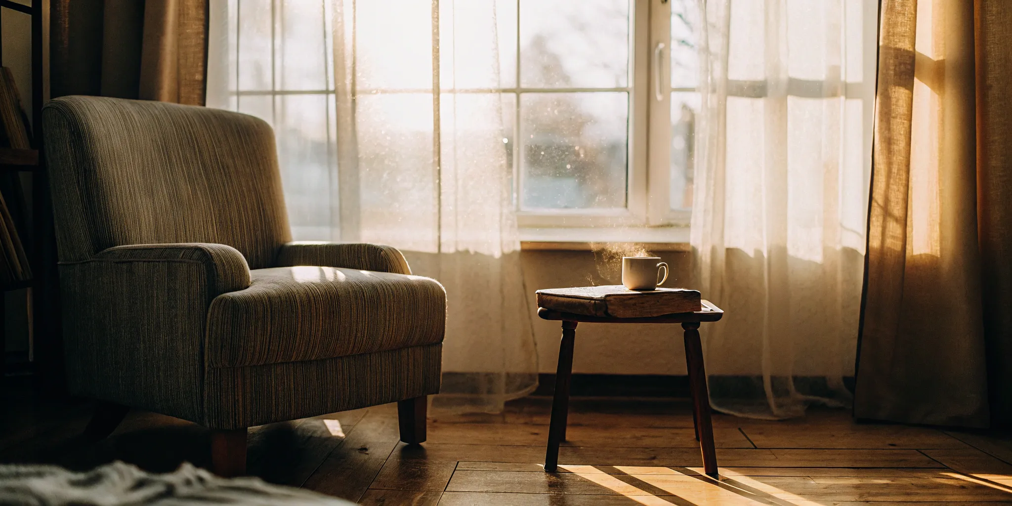 A sunlit armchair and coffee, a quiet place to learn how to stop anxiety thoughts.