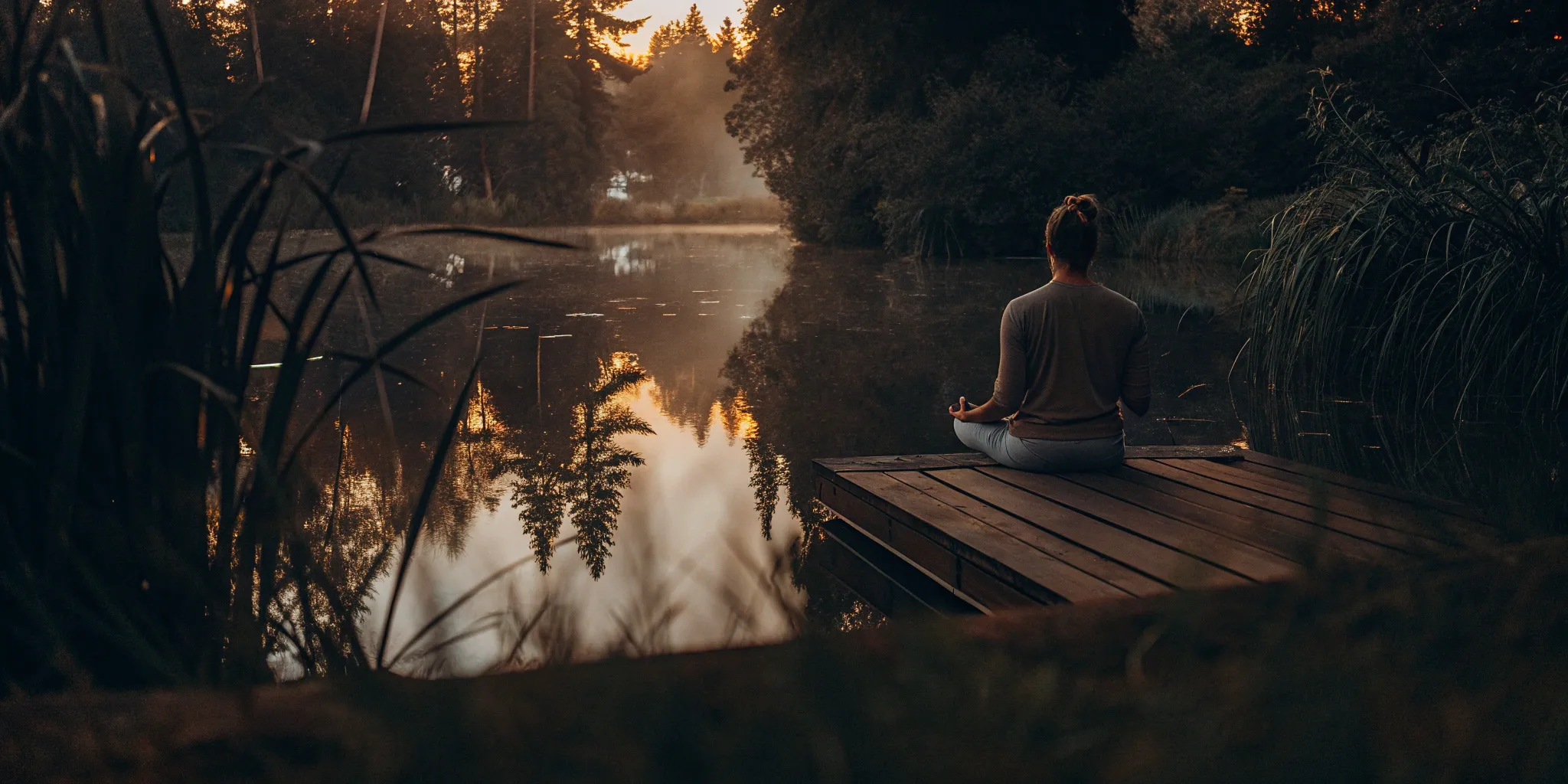 A woman treating anxiety without antidepressants through peaceful meditation by a lake.