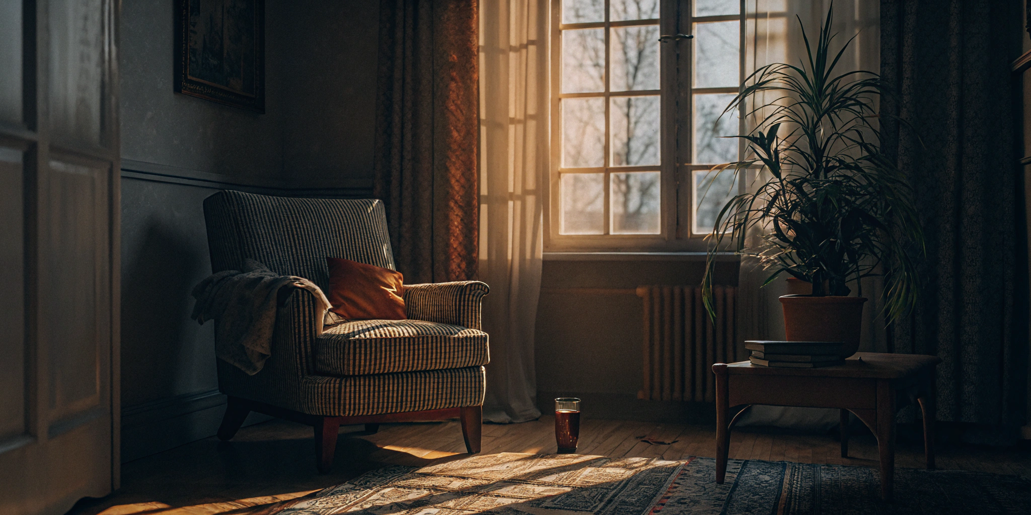 A cozy, sunlit armchair in a quiet room, a place to stop feeling sick from anxiety.