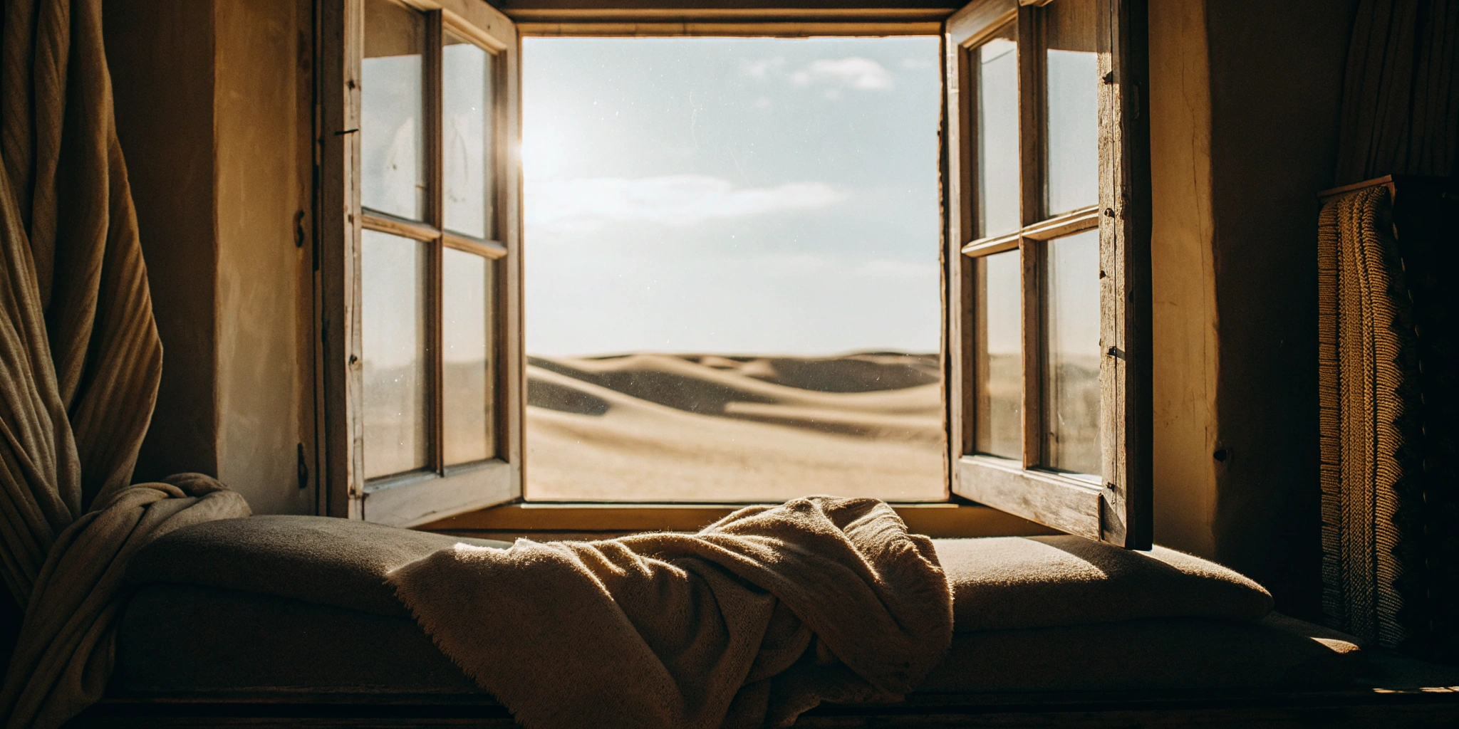 A sunlit window looking out on a peaceful desert, representing the calm relief from TMS for anxiety.