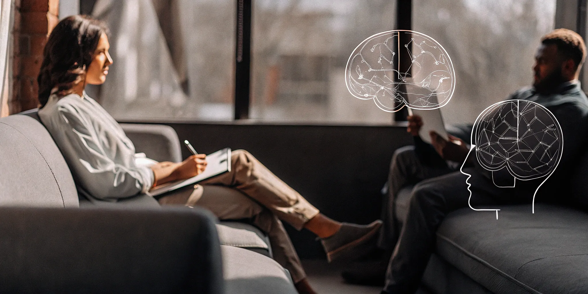 A therapist guides a patient through CBT for OCD in a session featuring brain graphics.