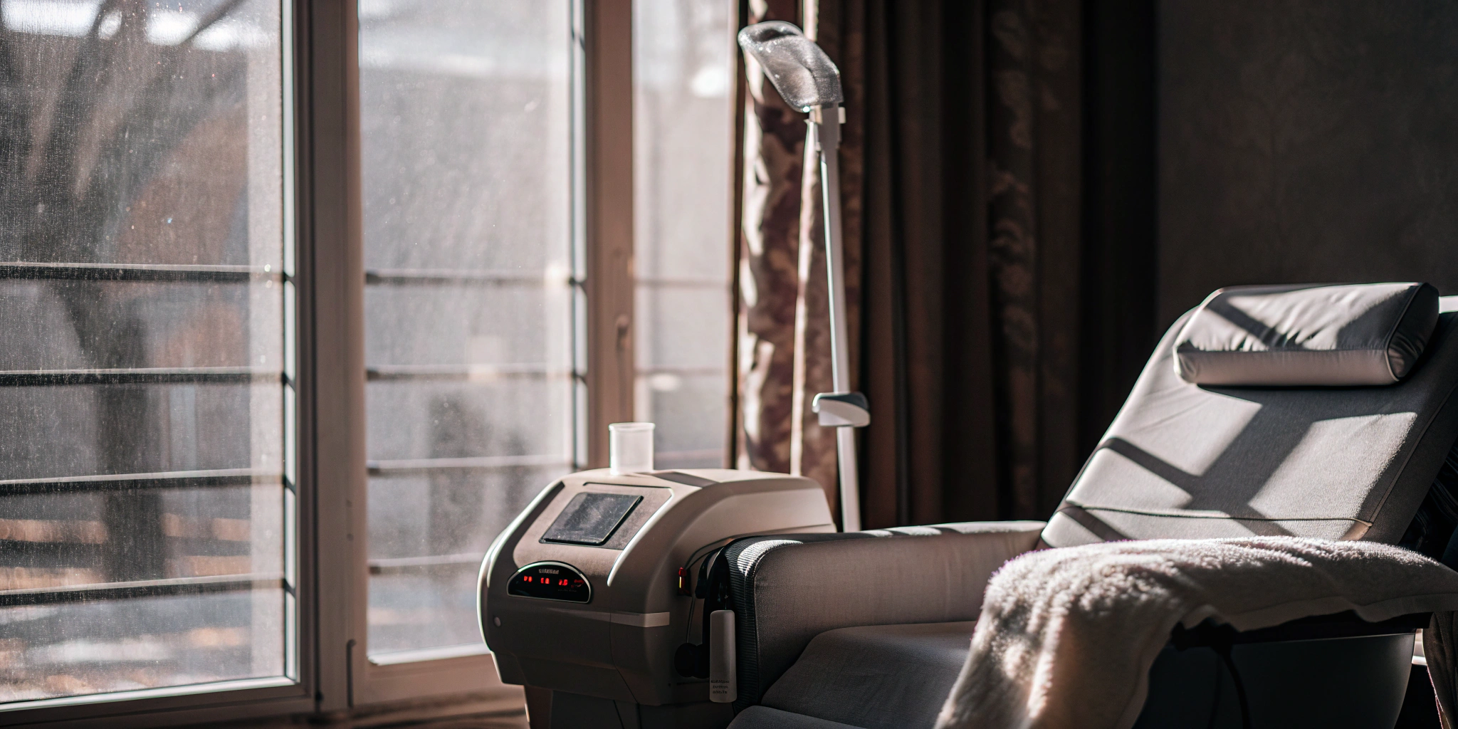 An FDA-approved TMS therapy machine and patient chair prepared for treatment.