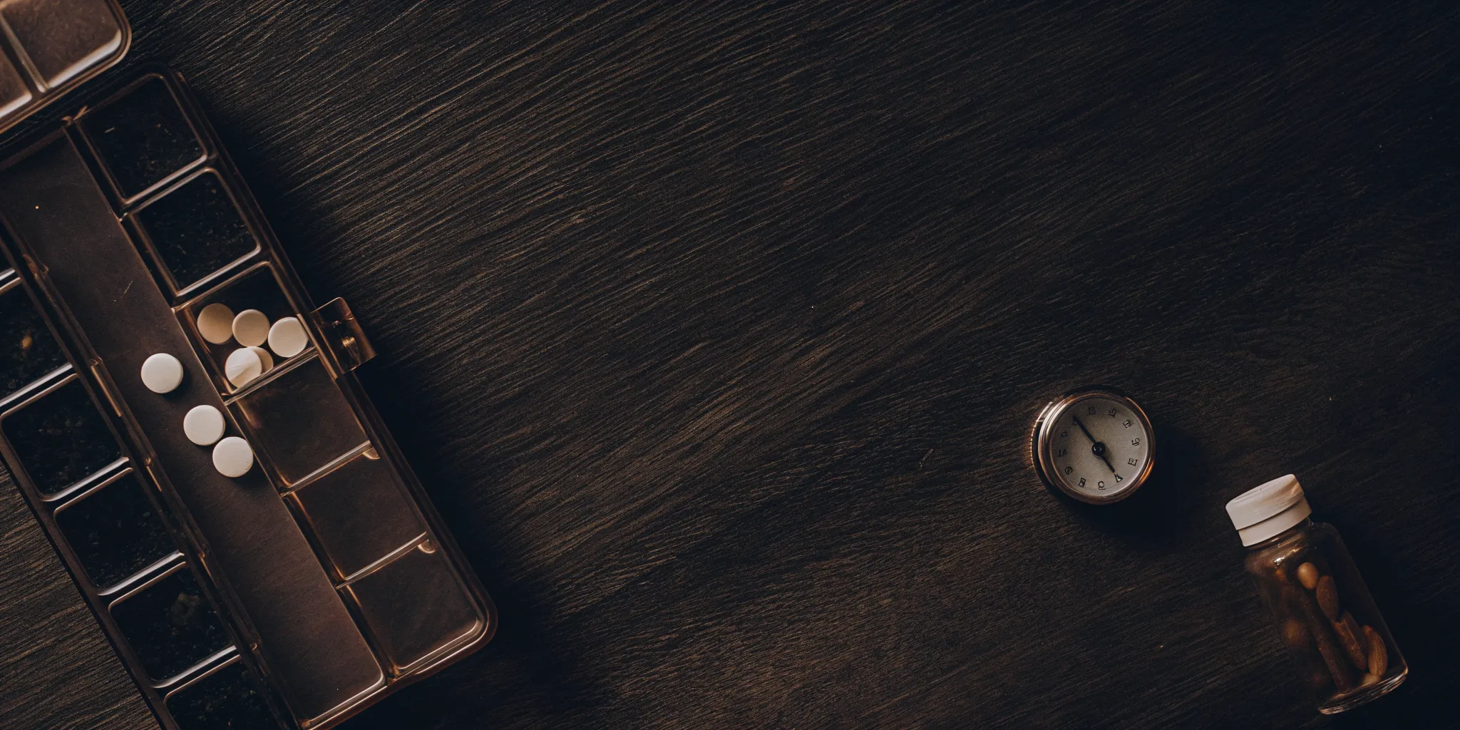 Managing depression with a medication plan using a pill organizer and bottle.