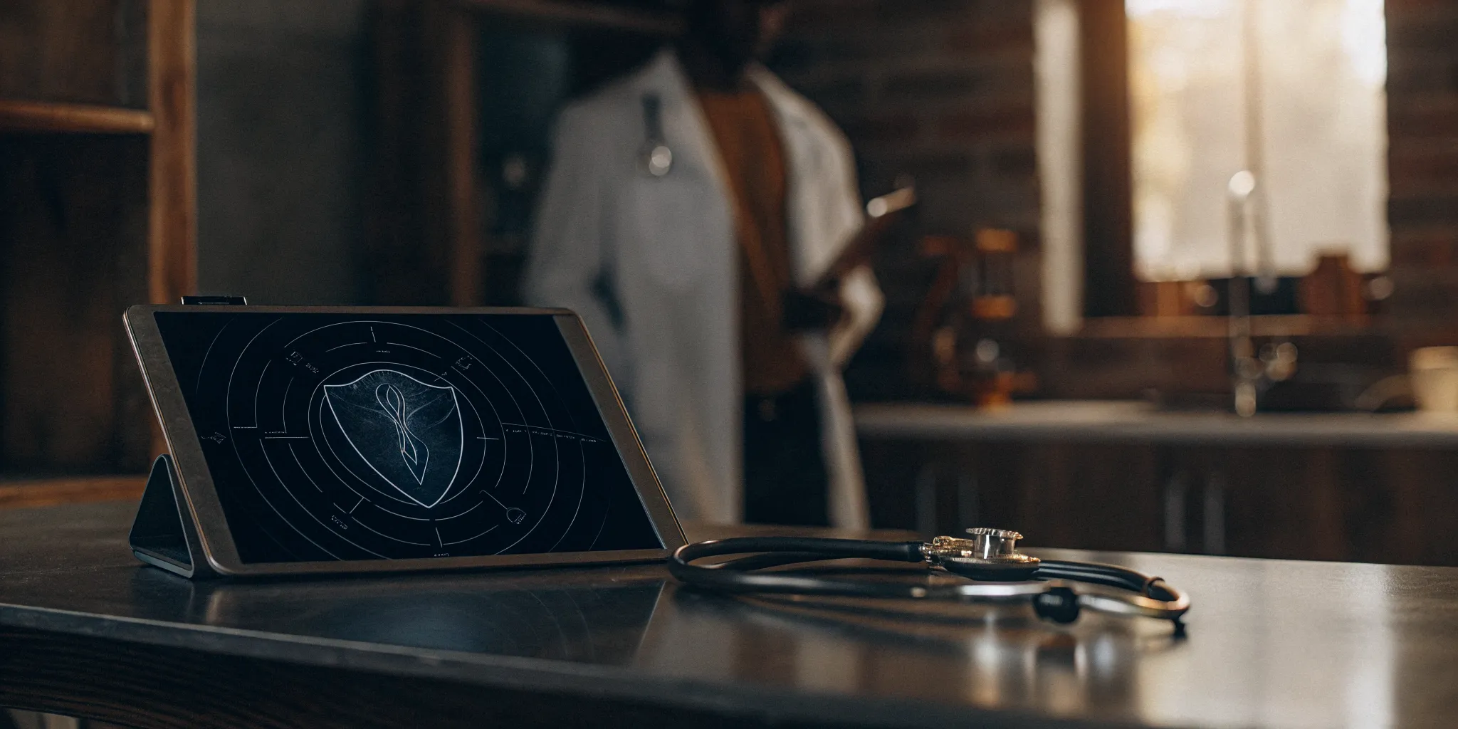 A doctor considers if insurance covers TMS therapy, with a medical insurance icon on a tablet.