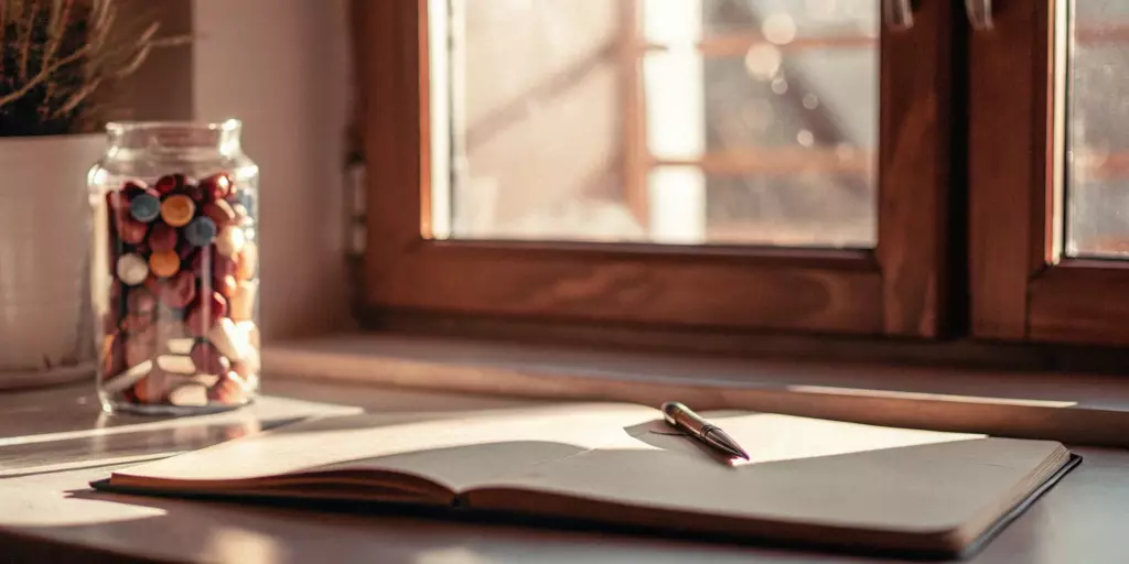 A jar of assorted pills next to an open notebook for a list of psychotropic medications.