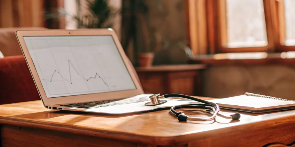 Laptop, chart, and stethoscope on a desk for billing mental health medication management with CPT codes.