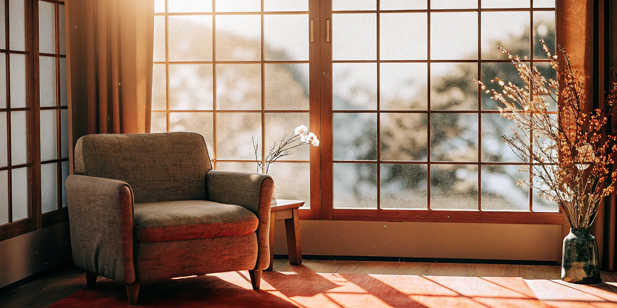 Cozy living space with a gray armchair, wooden side table, and decorative flowers by a window, emphasizing a serene environment for mental health reflection.