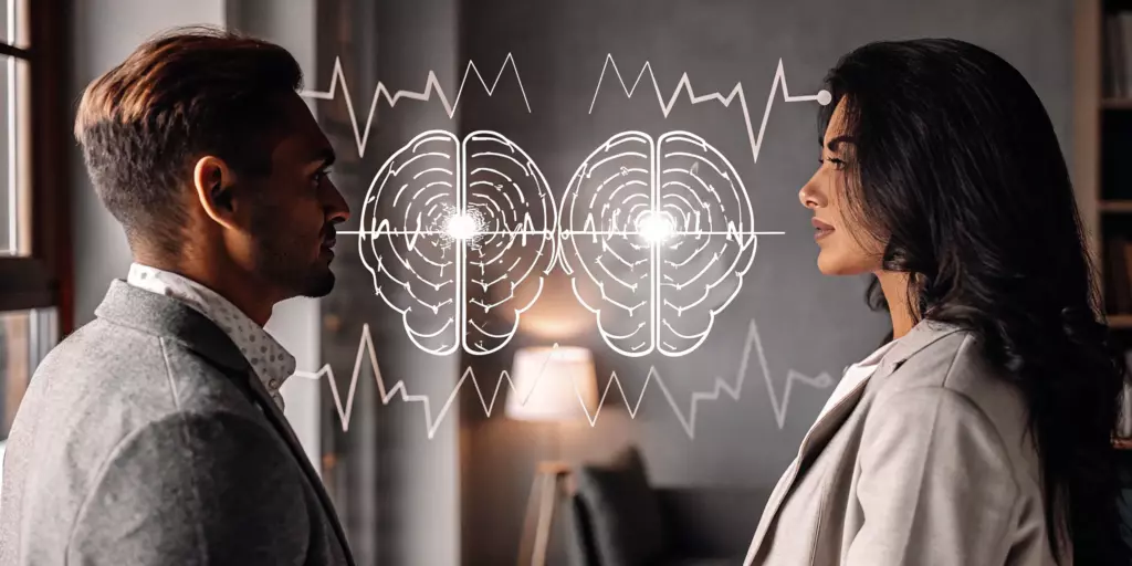 A man and woman review a graphic about non-invasive brain stimulation for depression.