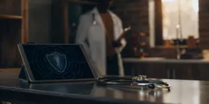 A doctor considers if insurance covers TMS therapy, with a medical insurance icon on a tablet.