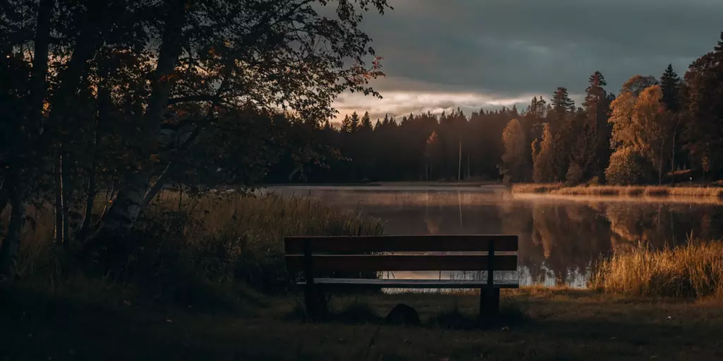 Calm lakeside bench at sunset.
