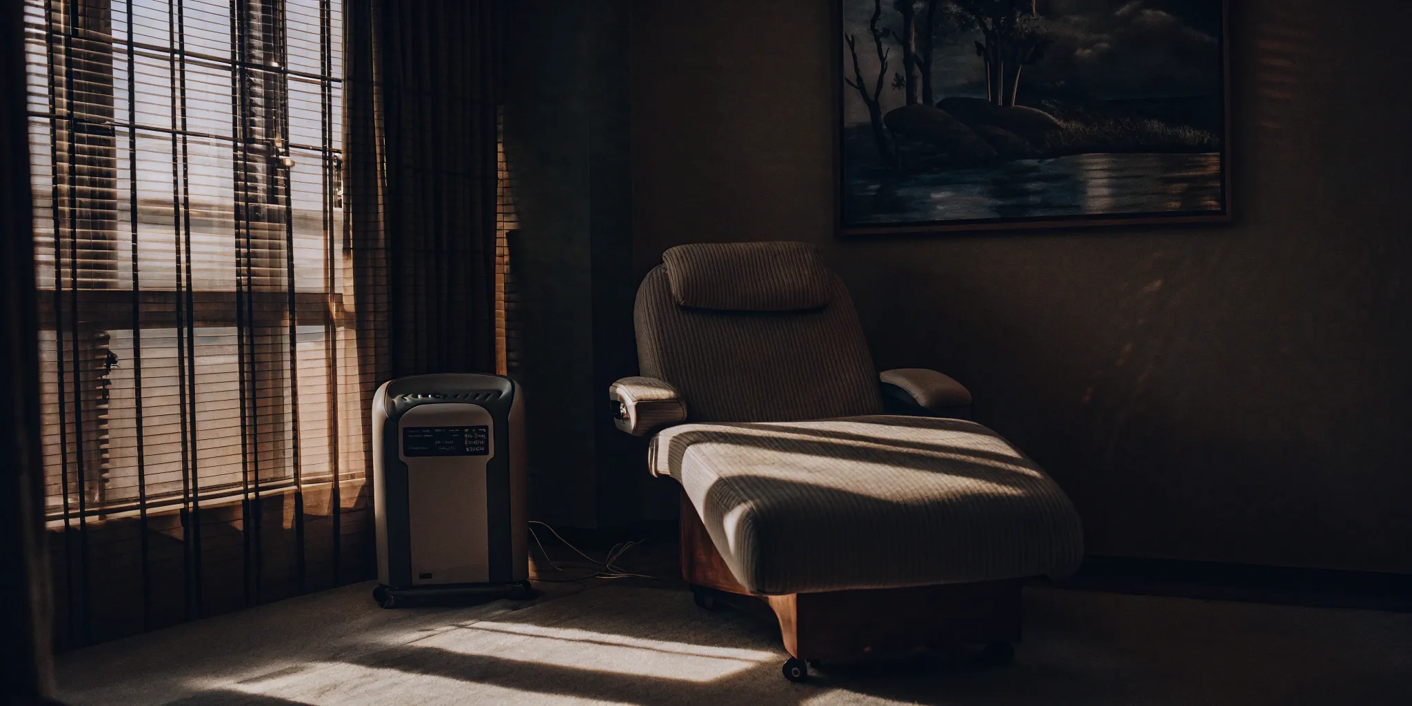 A comfortable chair in a treatment room for a non-invasive TMS procedure.