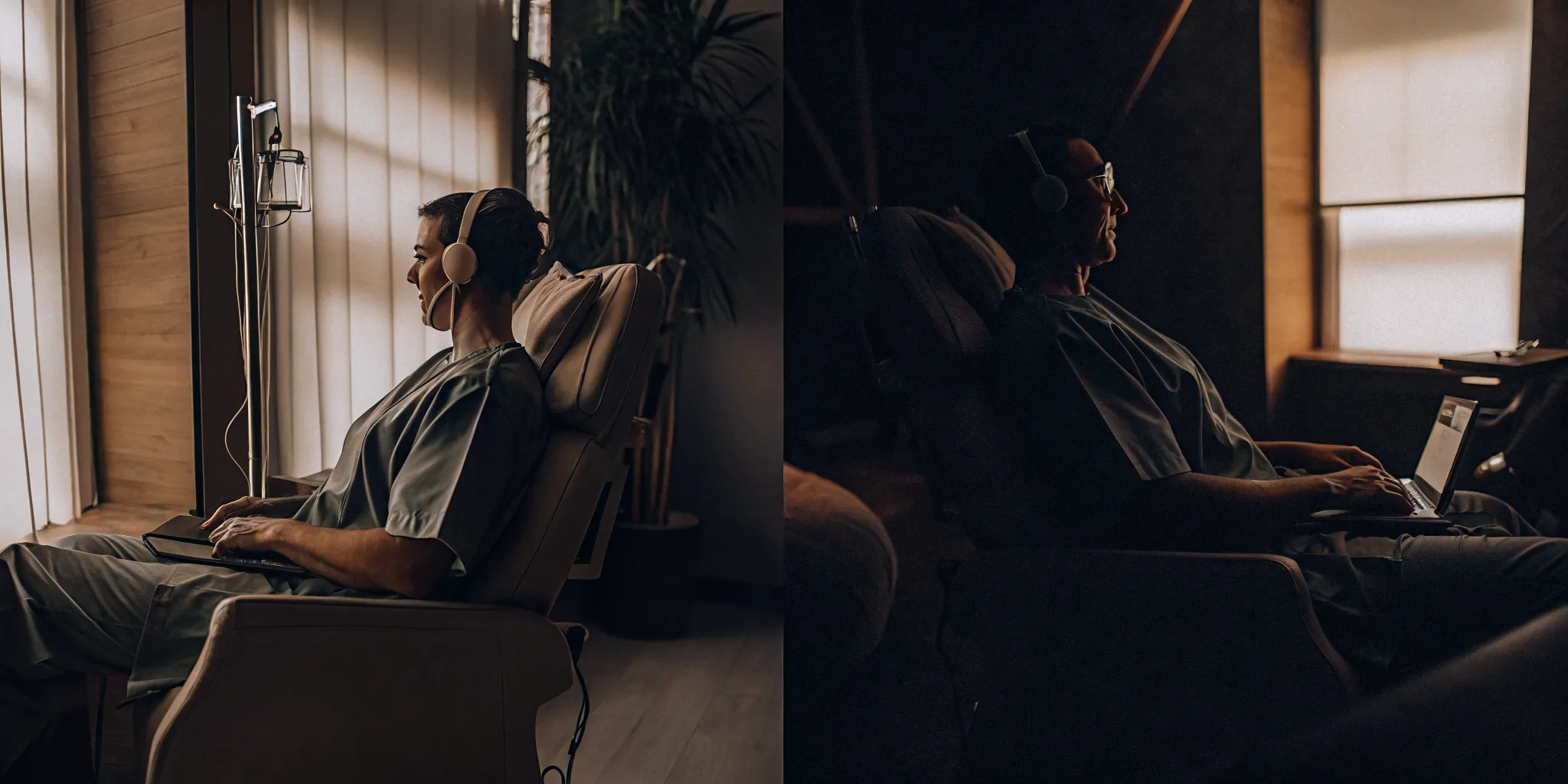 A patient receiving non-invasive TMS therapy beside a patient undergoing ECT for depression.