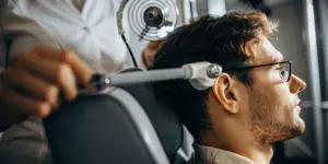A patient considering the common side effects of TMS therapy during treatment.