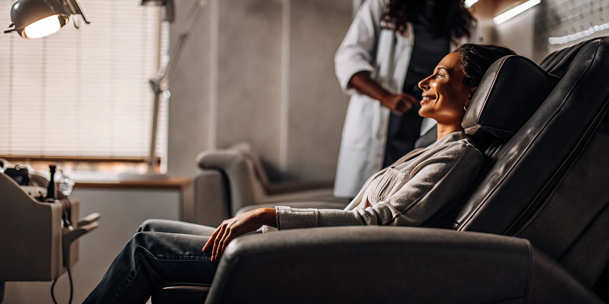 A patient smiles during a relaxing TMS therapy session for OCD.