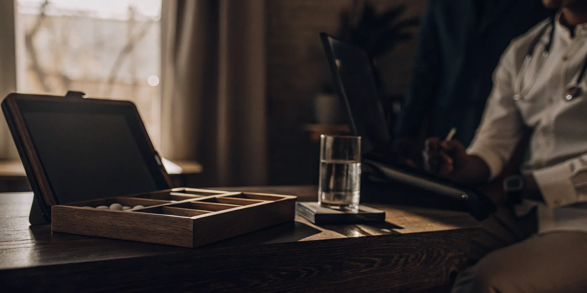 A pill organizer used for daily medication management for mental health.
